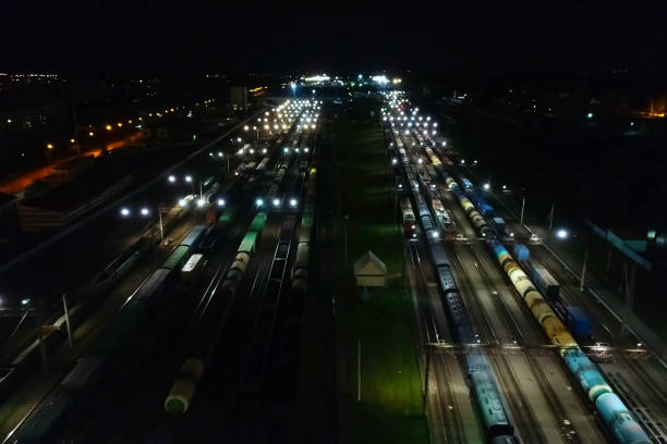 istock Top view of the railway station. Night 2148246033