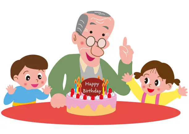 Vector illustration of Grandson and granddaughter celebrate grandpa's birthday with birthday cake