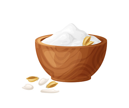 Rice flour in wooden bowl with seeds. Healthy gluten free food. Powed in organic product. Vector illustration isolated on white background.