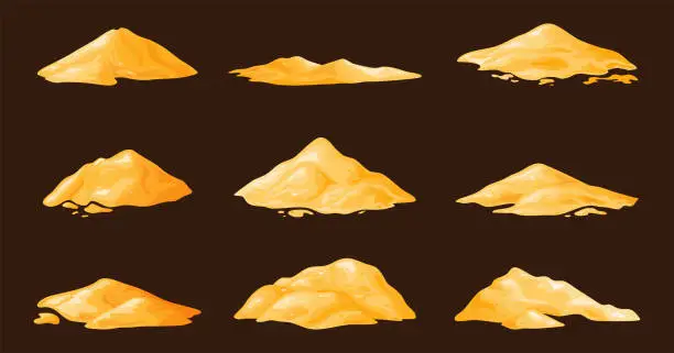 Vector illustration of Sand pile, heap, sandy dune isolated on white background. Decorative design element of manufacturing material. Cartoon vector illustration