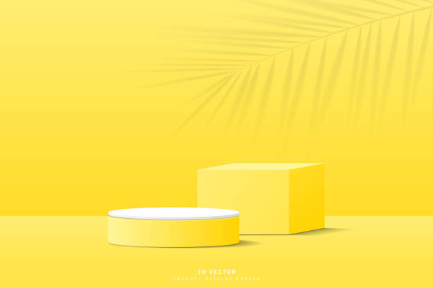 istock Abstract yellow 3D cube pedestal and white cylinder podium realistic with palm leaf shadow on wall background. Minimal scene for product display. 3D stage for showcase. 3D vector geometric platform. 2148246779