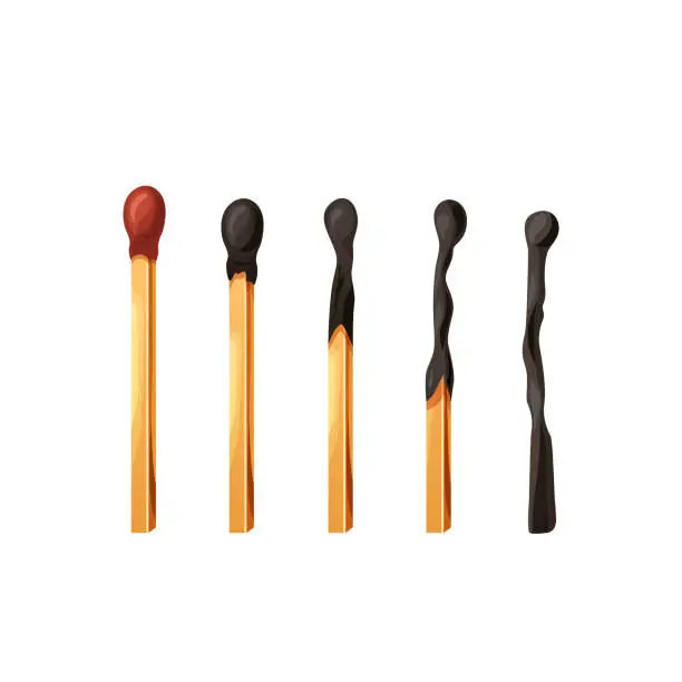 Vector illustration of Burnt match stick with fire. Set of matchsticks with sulfur head flaming stages from ignition to extinction. Cartoon spark bonfire vector illustration