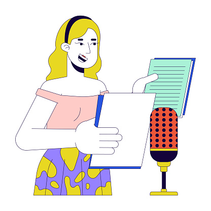 Blonde woman voiceover artist 2D linear cartoon character. Caucasian female voice actor isolated line vector person white background. Microphone talk. Dubbing service color flat spot illustration