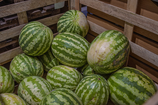 Close-up of ripe melons in box in grocery store. Photo with depth of field