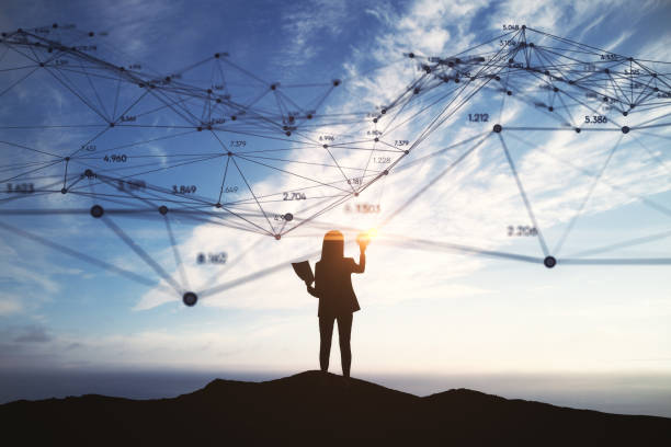 istock Black person silhouette with abstract connection line and indexes on dull sky wallpaper. Communication, network and innovation concept. 2148248036