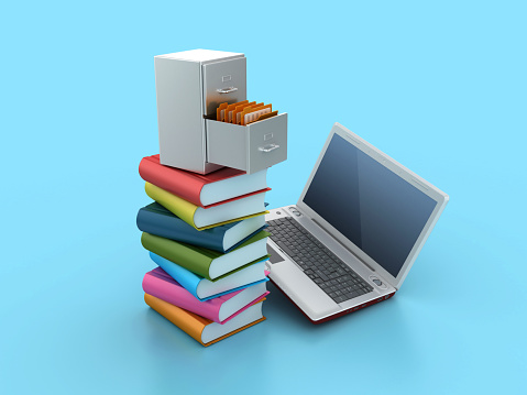 Archives on Books and Computer Laptop - Colored Background - 3D Rendering