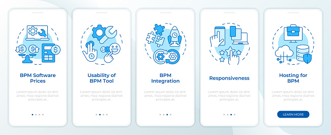 Selecting BPM tool aspects blue onboarding mobile app screen. Walkthrough 3 steps editable graphic instructions with linear concepts. UI, UX, GUI template. Montserrat SemiBold, Regular fonts used