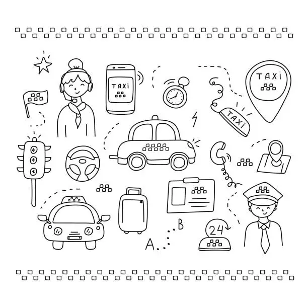 Vector illustration of Taxi set in doodle style