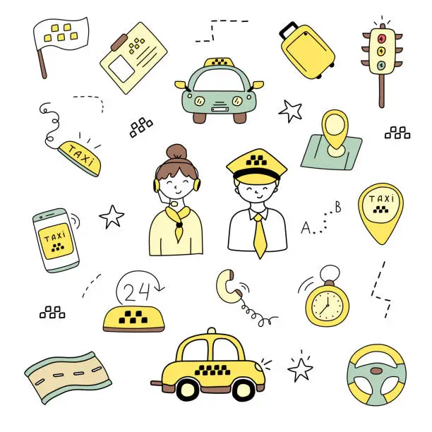 Vector illustration of Taxi set in doodle style