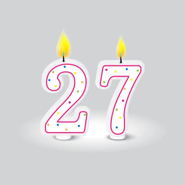 Vector illustration of Birthday candle number twenty seven. Joyful age celebration element. Festive party design. Vector illustration. EPS 10.
