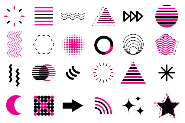 Vector illustration of Vibrant pink accents; dynamic visuals. Abstract black patterns. Expressive geometric shapes. Vector illustration. EPS 10.