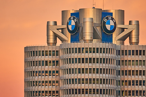Munich, Germany - Dezember 27, 2023: BMW building in the Olympic Center at dusk in winter