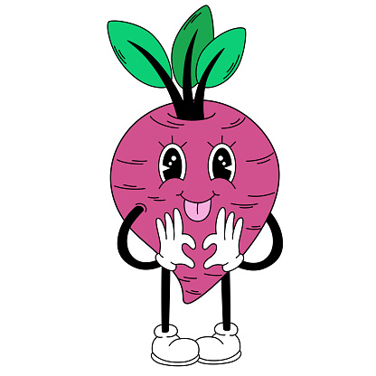 Groovy beet vegetable. Hand draw Funny Retro vintage trendy style vegetable cartoon character. Doodle Comic vector illustration