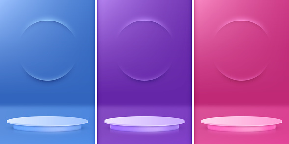Three podiums with electric blue, magenta, and violet glowing lights on a blue, purple, and pink background, creating a vibrant and eyecatching display