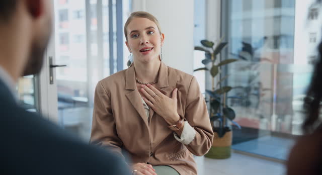Business woman, meeting and job interview for human resources, recruitment and hiring process in office. Professional worker, employee and people listening to client talking with career opportunity