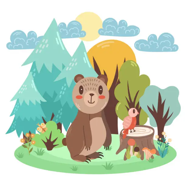 Vector illustration of Cute illustration of a bear in the forest. Vector children's scene.