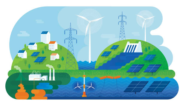 ilustraciones, imágenes clip art, dibujos animados e iconos de stock de energía verde renovable - economía baja en carbono