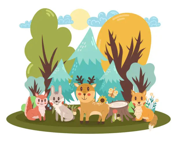 Vector illustration of Cute illustration with forest animals in the forest - deer, hare, squirrel and fox. Vector children's scene.