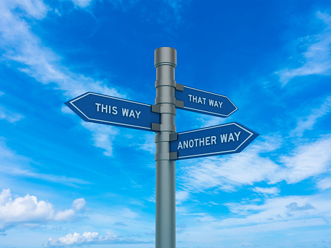 Directional Sign with This That Another Way Words - Sky Background - 3D Rendering