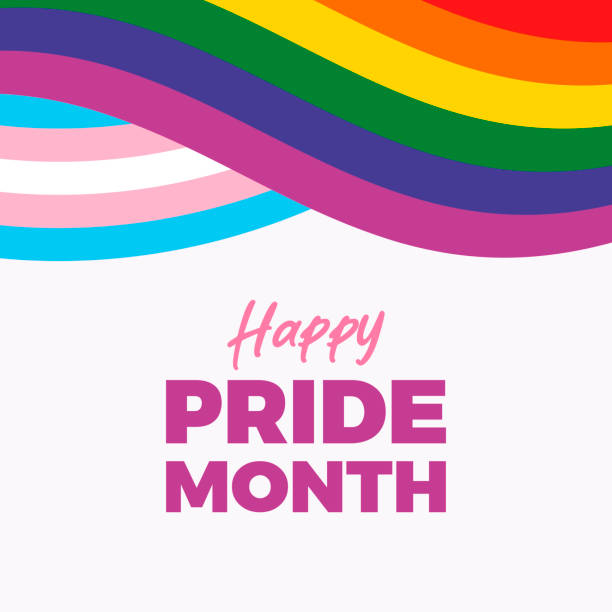 Happy Pride Month poster with rainbow flag ribbon vector illustration LGBTQ pride flag abstract shape frame symbol. Template for background, banner, card. Lesbian, Gay, Bisexual, Transgender and Queer Pride Month. Important day pride month rainbow stock illustrations