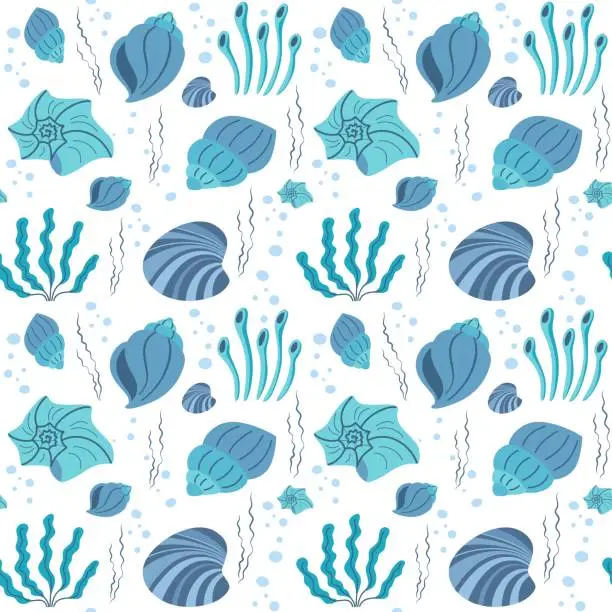 Vector illustration of Cute marine seamless pattern in cartoon style. Pattern with seashells in flat design.