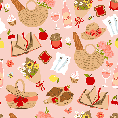 Seamless pattern with outdoor picnic items. Vector image.