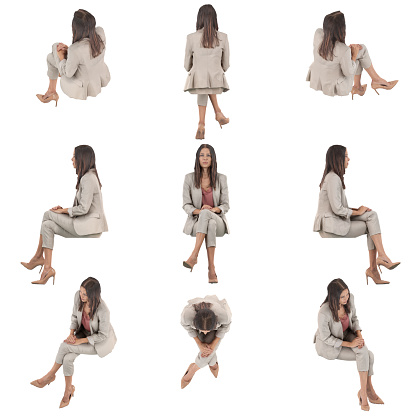 Set of orthographic isometric views of business woman in suit sitting and looking ahead. Full body isolated on white background