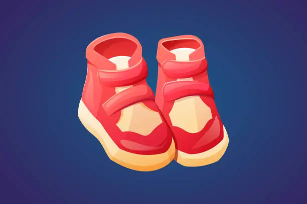 Vector illustration of A pair of red children's boots or sneakers with Velcro. Vector isolated cartoon illustration of shoes.