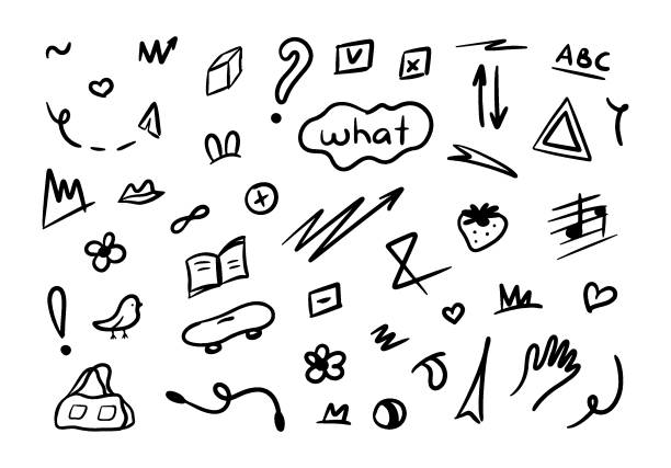istock Hand drawn kid icon sketch. Doodle cute elements flower, heart, letter, arrow, line, cloud. Childish element set. Vector illustration isolated on white background. 2148253850