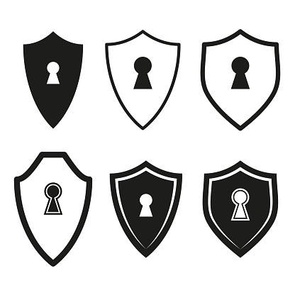 Assortment of security shield icons. Keyhole symbols representing privacy. Ideal for protection and security concepts. Vector illustration. EPS 10. Stock image.