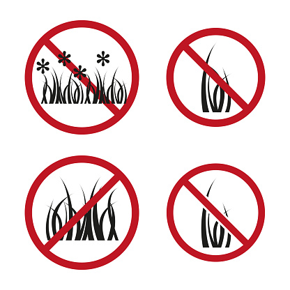 No flora symbols set. Grass silhouette negation. Environmental care signs. Vector illustration. EPS 10. Stock image.