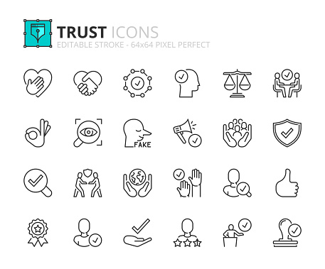 Line icons about trust. Contains such icons as honesty, commitment, integrity and transparency. Editable stroke. Vector 256x256 pixel perfect.