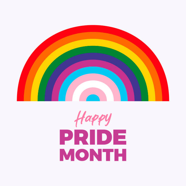Happy Pride Month poster with rainbow simple symbol vector illustration LGBTQ pride flag abstract shape icon. Template for background, banner, card. Lesbian, Gay, Bisexual, Transgender and Queer Pride Month. Important day pride month rainbow stock illustrations