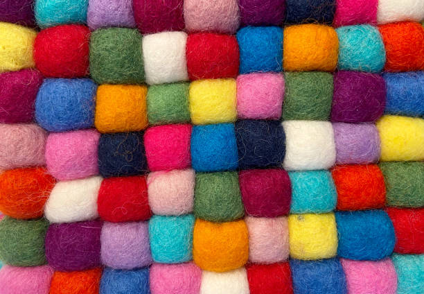 Multicolored balls of wool yarn geometric pattern. Abstract background for design.Selective focus.