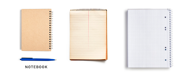 Spiral notebook notepad collection isolated on a white background. Creative layout. Flat lay, top view. Design element