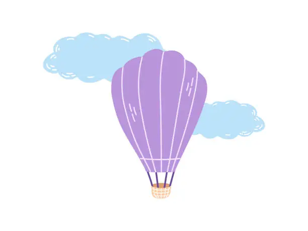 Vector illustration of Cute hand drawn hot air balloon with clouds. Flat vector illustration isolated on white background. Doodle drawing.
