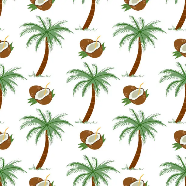 Vector illustration of Cute hand drawn palm tree and coconut seamless pattern. Flat vector illustration isolated on white background. Doodle drawing.