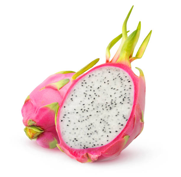istock Halved dragonfruits with white flesh isolated on white background 2148257512
