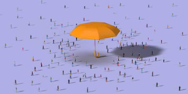 istock Crowd of people surrounding umbrella object on purple background. 2148257901