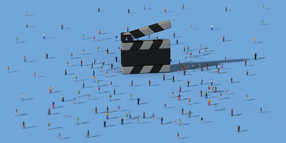 Human crowd surrounding clapperboard object: Entertainment Concept. Large group of 3D rendering people on coloured background, bird's eye view. Horizontal composition with copy space.