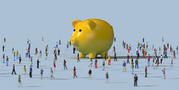 Human crowd surrounding yellow piggy bank: Economy and finance Concept. Large group of 3D rendering people on coloured background side view, bird's eye view. Horizontal composition with copy space.