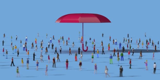 istock Crowd of people surrounding umbrella object on blue background. 2148257931