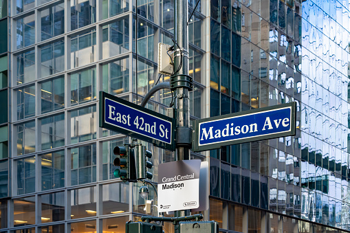 Manhattan NYC buildings of midtown near Korean Town, Korea Way road signs on west 32nd street, Broadway in New York City