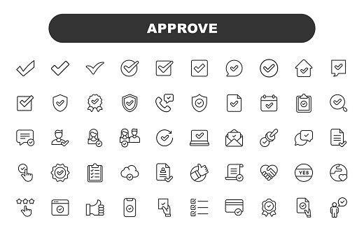 Approve Line Icons. Editable Stroke. Contains such icons as Approve, Agreement, Quality Control, Certificate, Check Mark, Achievement, Guarantee, Testimonial, Feedback, Support, Voting, Election.