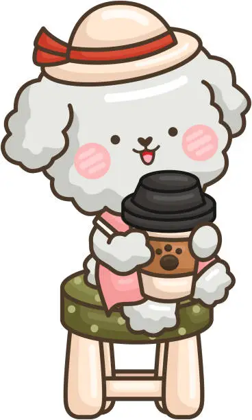 Vector illustration of a vector of white poodles with a cup of coffee