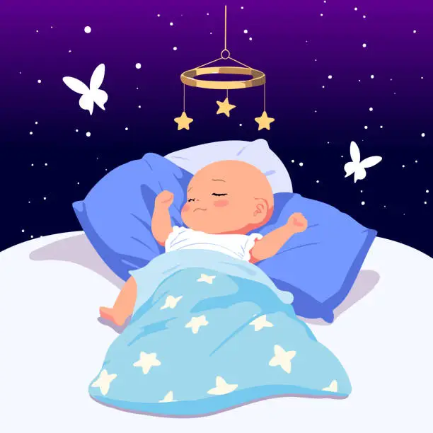 Vector illustration of A cute newborn baby is sleeping peacefully under a soft blue blanket. The adorable little one is taking a nap. The child is dreaming.