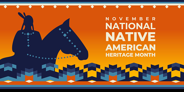 Native american heritage month greeting. Vector banner, poster, card, flyer with text Native american heritage month, november. Sunset background with amerindian horsewoman, native ornament border.