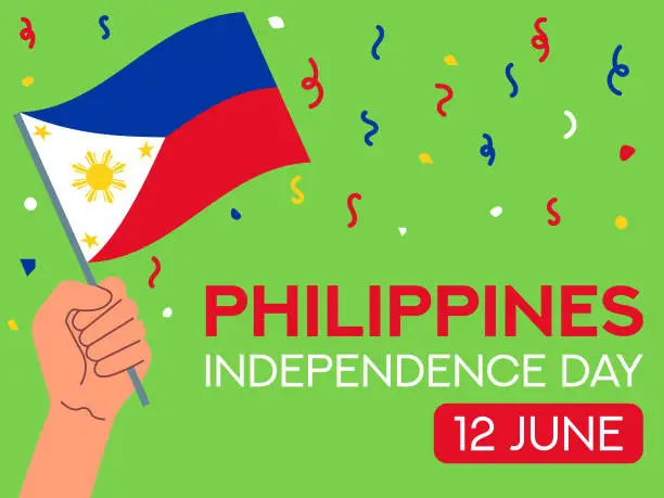 Vector illustration of Philippines independence day 12 June. Philippines flag in hand. Greeting card, poster, banner template