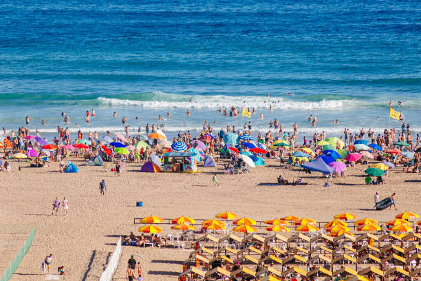 Necochea, Buenos Aires, Argentina - January 5, 2022:  Aerial view of the main beach in the city downtown.