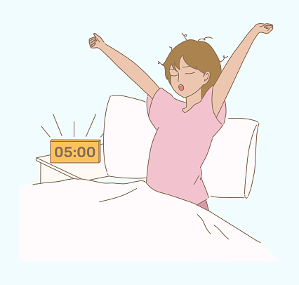 Young woman yawning, sitting, stretching, raising hands on bed. Happy girl awaking in good mood. Alarm clock beside. Hand drawn flat cartoon character vector illustration.